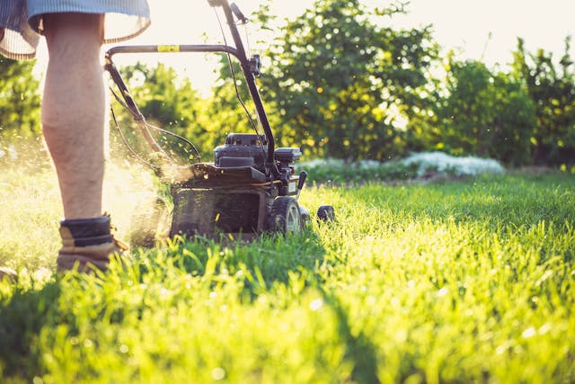 a person mowing  the lawn